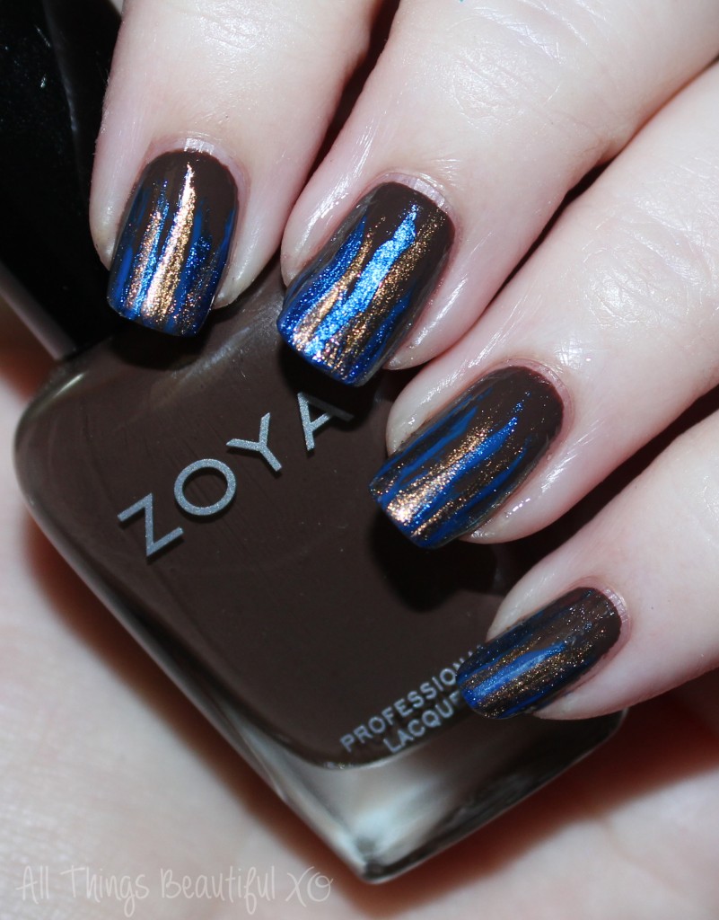 Autumn Feathered Stripes in Blue & Brown Nail Art - All Things Beautiful XO